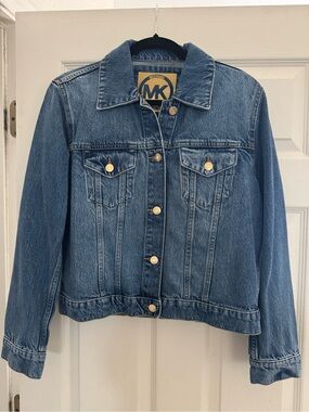 Michael Kors Classic Medium Blue Denim Jacket with Gold-Tone Buttons